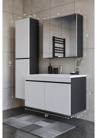 Teta Home Tokyo 100 Cm Mdf Banyo Dolabı Seti + Boy Dolabı Antrasit - Beyaz