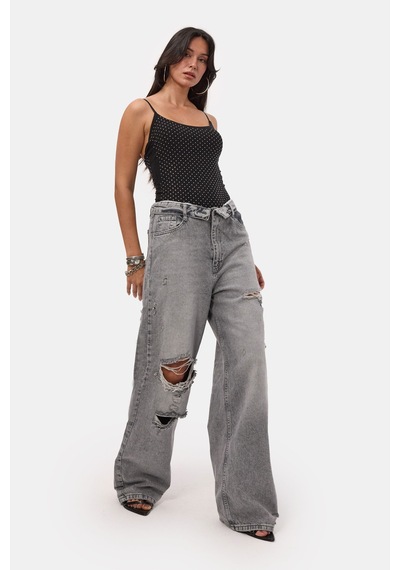 Kadın Füme 4s6-12 Straight Fit Kemer Detaylı Özel Tasarım Denim Jean