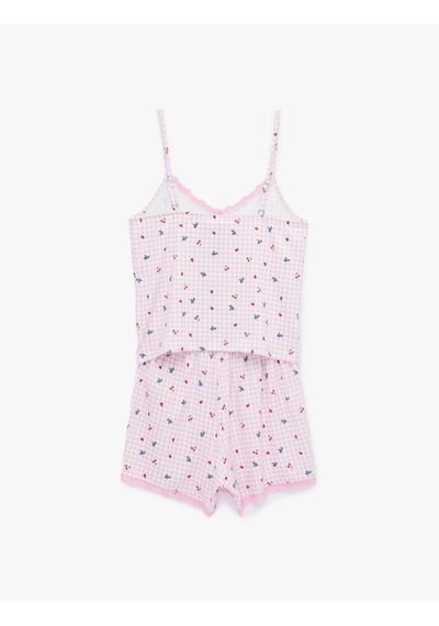 Koton Dantel Detaylı V Yaka Askılı Şortlu 2'li Pijama Takımı Pembe Ekose 6slk40168mk
