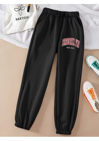 Brooklyn New York Eşofman Altı Jogger - Baskılı Lastik Paça Yüksek Bel Siyah