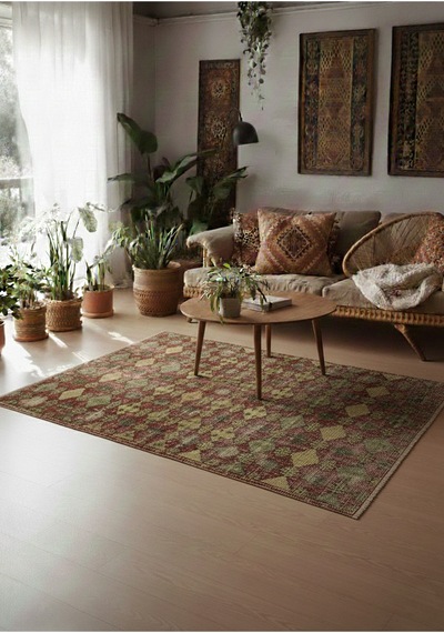 Bohem Stil Vintage Halı Özel Tasarım Kırmızı Anadolu Koleksiyonu Çok Renkli