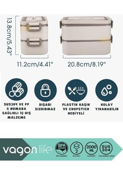 Vagonlife Bento 2000ml Lunchbox 2 Katlı 3 Bölmeli Mini Kaseli Çelik Sefer Tası Yemek Kutusu Kahverengi Genel
