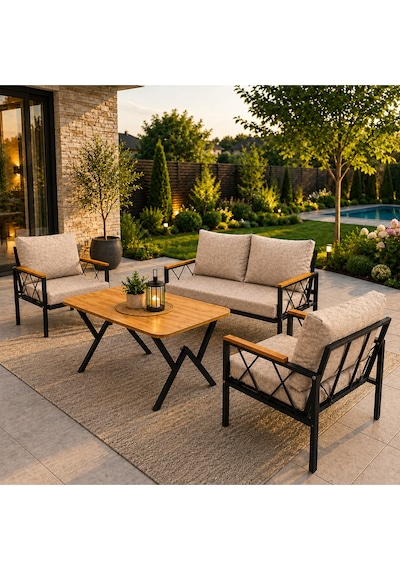 Miray 211 Masalı Cappuccino Balkon Bahçe Oturma Grubu Minderli Metal Bahçe Mobilyası Takımı
