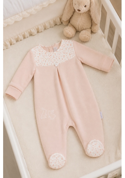 Babyhola Tavşan Desenli %100 Pamuk Modal Patikli Bebek Tulumu 15232 Somon