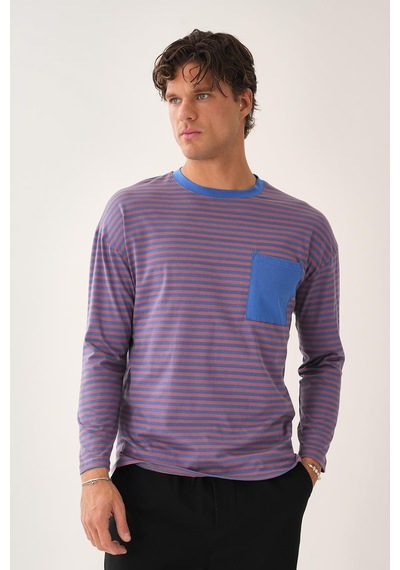 Cep Detaylı Çizgili T-shirt Mavi