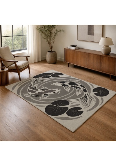 Kartela Halı Koi Balığı Desenli Halı Antrasit Kaymaz Taban Makinede Yıkanabilir 160x240 Cm
