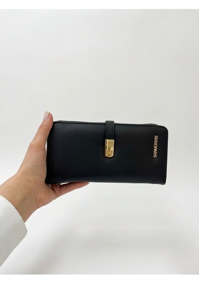 Sanmorris Kadın Suni Deri Gold Tokalı Telefon Bölmeli Cüzdan Siyah