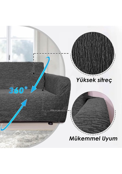 StarMall Jakarlı Çubuk Desen Koltuk Örtüsü Koltuk Kılıfı Lastikli Esnek Yıkanabilir 3Lü Bir Adet Antrasit