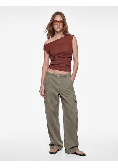 Koton Asimetrik Yaka Kolsuz Slim Fit Drapeli Bluz Kahverengi 6sal30003ık Kahve