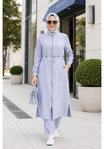 Hb Harma Time Butik Kadın Ribanalı Fermuarlı Keten Tunik Pantolon Gri İkili Takım Gri Gri