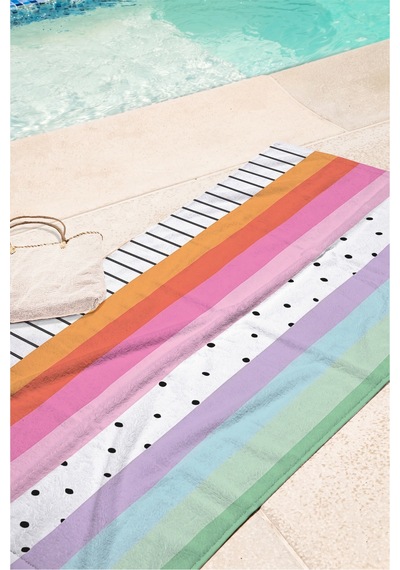 Renkli Çizgili Modern Plaj Havlusu - Pastel Geometrik Minimalist Hızlı Kuruyan Mikrofiber Havlu Çok Renkli