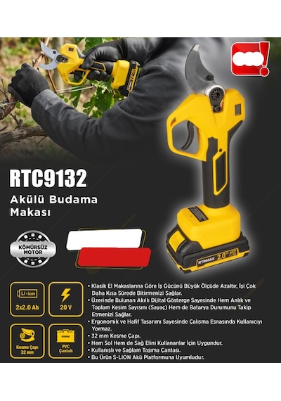 Rtrmax Rtc9132 Kömürsüz Akülü Budama Makası 20 Volt 2 Amper