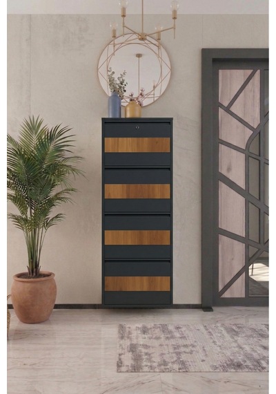 4 Kapaklı Metal Ayakkabılık Kilitli Beyaz Ahşap Desen