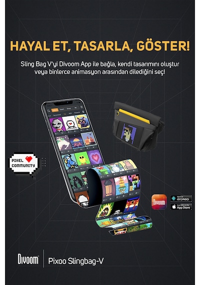 Divoom Pixoo Slingbag-v Siyah Ledli Ekran App Kontrollü Postacı Çantası-su Geçirmez Siyah