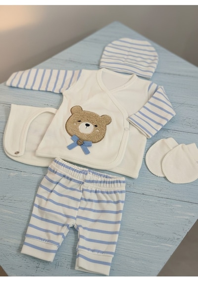 Balbeybi Yenidoğan Ayıcıklı 5 Parça Bebek Hastane Çıkış Seti %100 Pamuk Unisex Kutulu Set Beyaz