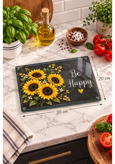 Gökçeoğlu Cam Kesme Tahtası Sarı Ayçiçekli Siyah Zeminli Be Happy Temalı - Cam Kesme Tablası 20cm X 30cm Çok Renkli