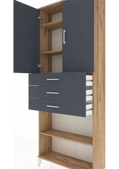 Arges Dolap 4 Raflı 3 Çekmeceli 2 Kapaklı 88x30x221 Çam-antrasit Atlas Çam