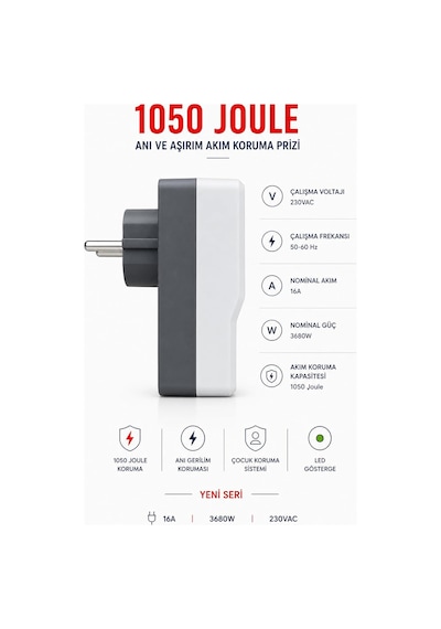 Lexroo Dotvolt 1050 Joule Akım Korumalı Tekli Topraklı Priz, Aşırı Ve Ani Gerilim Koruyucu Standart
