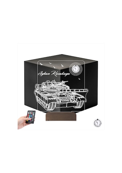 Luvivia Tank Asker Hediye Tankçı Kişiye Özel Metal Saatli 3d Lamba - Masa Gece Lambası