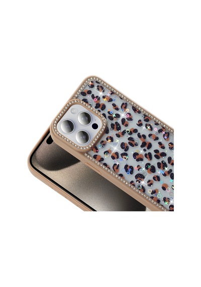Apple Uyumlu iPhone 15 Pro Max Kılıf Taşlı Ve Simli Tasarım Mkst Azra Kapak - Gold Altın