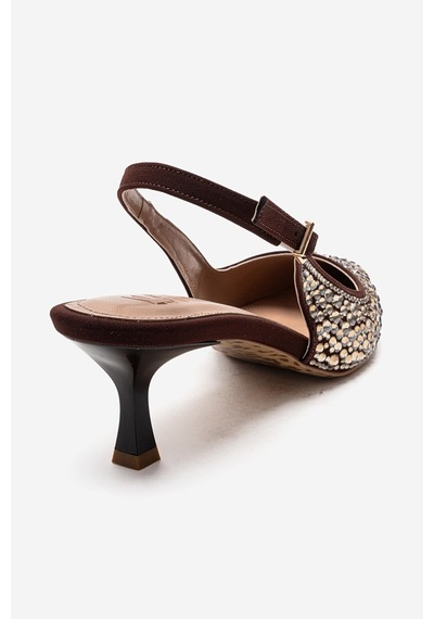 Luvishoes Thea Kahverengi Altın Taşlı Kadın Topuklu Ayakkabı Kahverengi