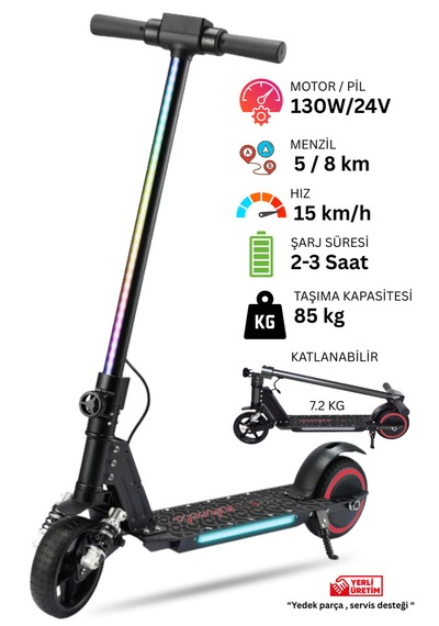 Elektrikli Çocuk Scooter - Çift Frenli Katlanabilir - Led Işıklı - Ön Çift Süspansiyonlu 8+ Siyah