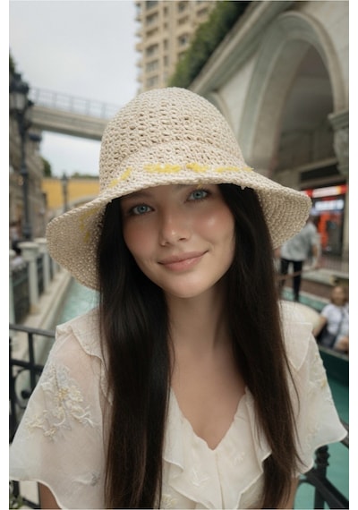 Mollycrush Kadın Bej Hasır Papatya İşlemeli Yazlık Bucket Güneş Koruycu Kova Plaj Şapkası Bej