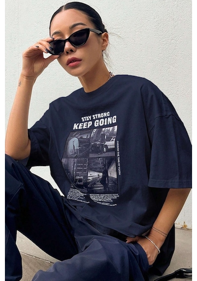 Unisex Keepgoing Baskılı Tasarım Tshirt Lacivert