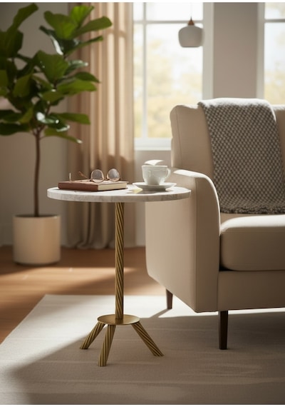 Yan Sehpa Gold Metal Burgu Ayaklı 40 Cm Çap 53 Cm Yükseklik Mermer Desenli Mdf Sehpa Diğer