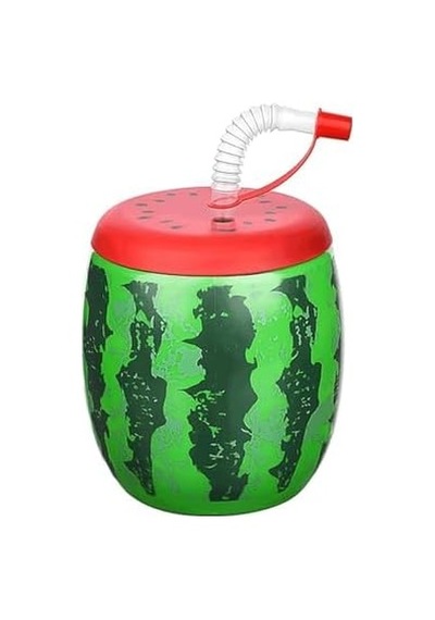 Marka Karpuz Desenli Pipetli Bardak, 900 Ml Kapasiteli, Çok Renkli Açık Kırmızı