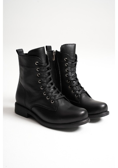 Analin Shoes Kadın Hakiki Deri Bağcıklı Ve Fermuarlı Bot Siyah