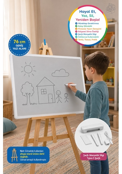 Manyetik Sihirli Yazı Tahtası Silinebilir Eğitim Çizim Yazı Panosu Type-c Şarjlı 76 Cm Beyaz