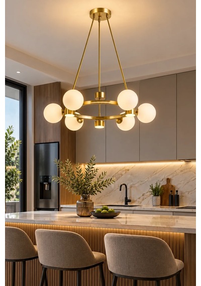 Modern Premium Gold Detaylı 6+6 Led Opak Küreli Avize Salon Mutfak Sarkıt Avize 6xg9 18w