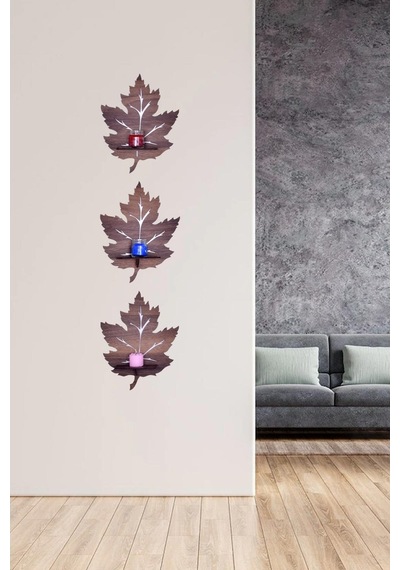 Woodart Dekoratif Doğal Ahşap 3’Lü Çınar Yaprağı Modeli Duvar Raf