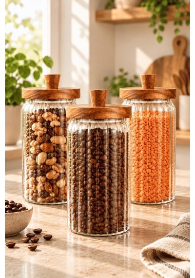 3'lü Akasya Ahşap Kapaklı Çizgili Cam Kavanoz Seti 950 Ml - Vakumlu Erzak Bakliyat Kabı Diğer