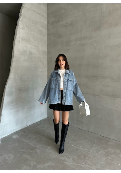 Esra Butik78 Açık Mavi Yıkamalı Oversize Kot Ceket Çift Cepli Salaş Denim Ceket
