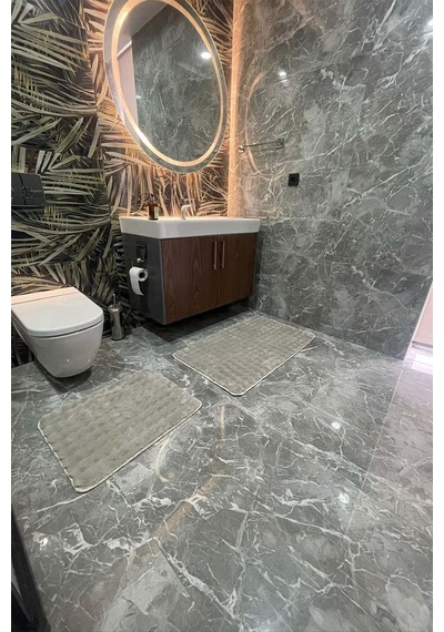 Modern Bubble Yıkanabilir Kaymaz Peluş Banyo Paspası Halısı 2'li Klozet Takımı 60x100 Ve 50x60 Kum