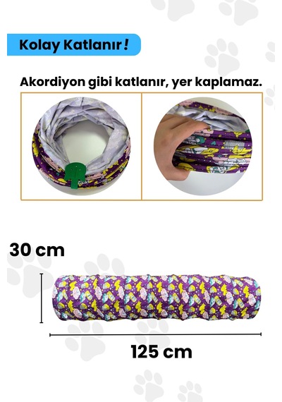 Miyav Mor Renkli ve Desenli Katlanabilir Uzun Kedi Tüneli 125 CM