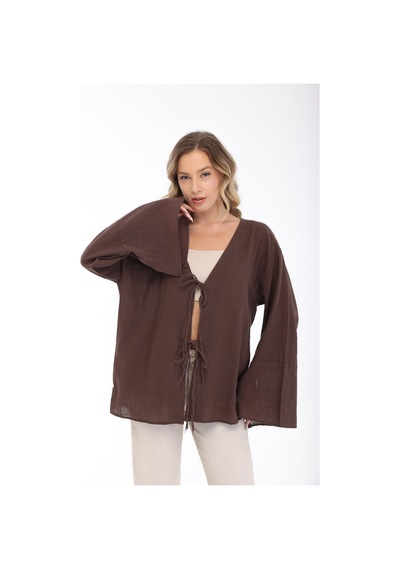 Blayn Jeans Blayn Kadın Keten Kimono Oversize Rahat Kalıp Yazlık Uzun Kollu Kimono Kahverengi