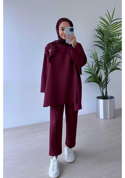 Kahijab Çiçekli Asimetrik Kesim Scuba Takım - Bordo Bordo