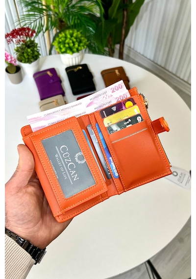 Turuncu Fermuar Detaylı Deri Kadın Cüzdan Yılbaşı Hediyesi 14x9cm Turuncu