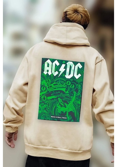 Uyguntarz Unisex Ac Dc Baskılı Kapüşonlu Sweatshirt Bej