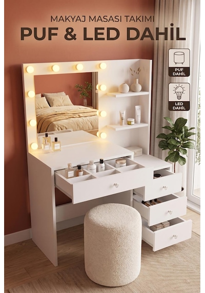 Robin Home Hollywood Led Işıklı Puflu Makyaj Masası Takımı 4 Çekmeceli Düzenleyici Raflı Beyaz Robin Home Hollywood Led Işıklı Puflu Makyaj Masası Takımı 4 Çekmeceli Düzenleyici Raflı Beyaz