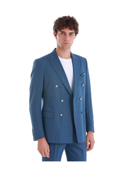 Hatemoğlu Mavi Slim Fit Çizgili Kruvaze Takım Elbise 33223024c014 65 Mavi