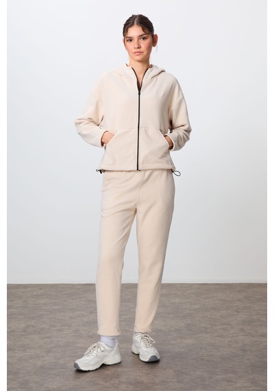 Tommy Life Bej Kalın Yumuşak Dokulu Kapüşonlu Oversize Nakışlı Polar Kadın Eşofman Takım -95338 Bej