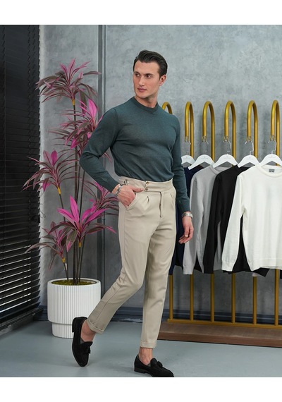 Modefendi Slim Fit Kalıp Pamuk Likra Sade Bisiklet Yaka Triko Kazak Yeşil