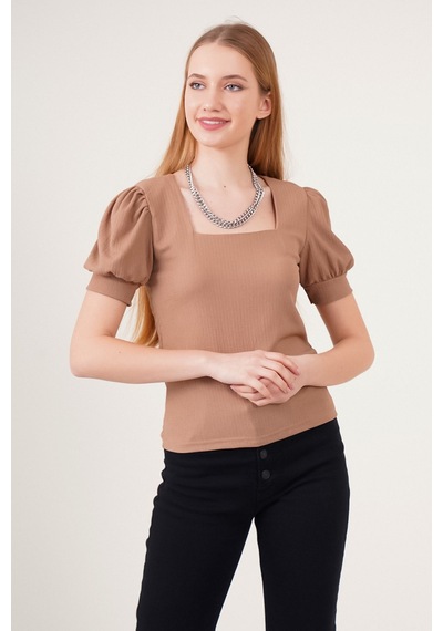 Hiccup Bdart Slim Fit Kare Yaka Bluz Deve Kahvesi