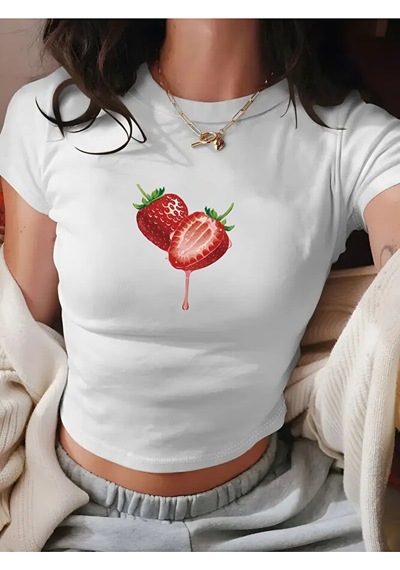 Nevermind Kadın Crop Baby Tee Çilek Baskılı Dar Kesim %100 Pamuk Y2k Estetik Tişört Beyaz