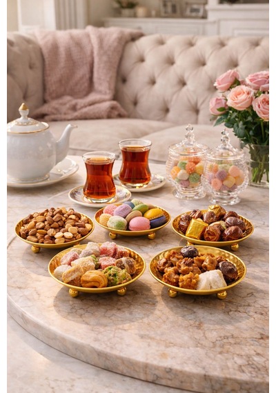 6'lı Gold Metal Ayaklı Çerezlik & Lokumluk - Dövme Desenli Şık Kahve Yanı Sunum Kasesi