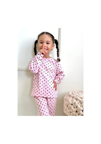 Kız Çocuk Fitilli Kumaş Polkadot / Puantiyeli Pijama Takımı Esnek Kumaş Yeni Sezon Pembe